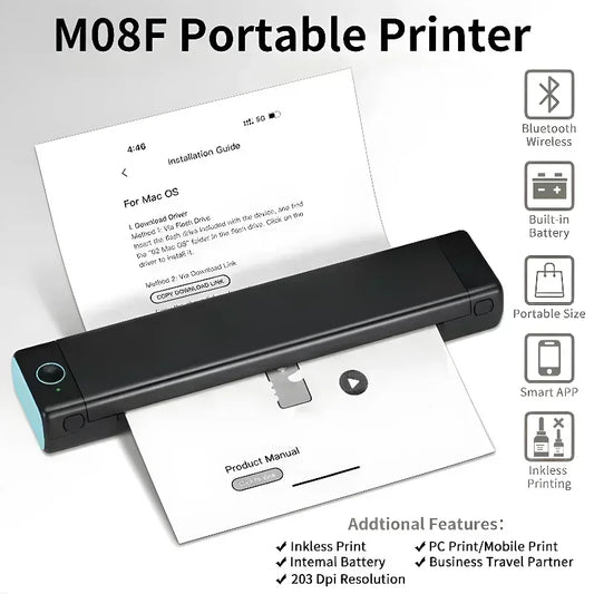 Compact A4 Portable Thermal Printer with Wireless Bluetooth Connectivity and Built-in Battery for Mobile and Laptop Printing Needs