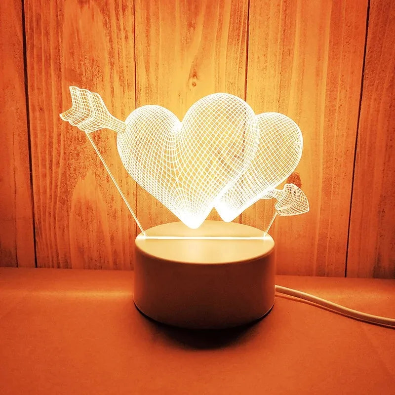 Romantic heart-shaped 3D LED lamp on a wooden tabletop, providing a soft and warm illumination for a cozy atmosphere, perfect as a Valentine's Day or bedroom decor.