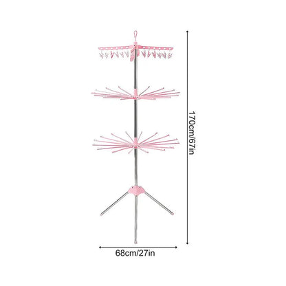 Foldable 3-tier clothes drying rack with stainless steel construction and pink accents, designed for efficient indoor laundry drying.