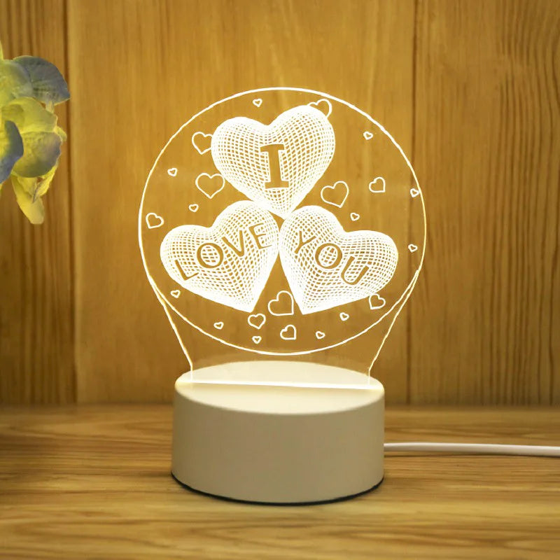 Romantic 3D Acrylic LED Lamp with Hearts and "I Love You" Text
