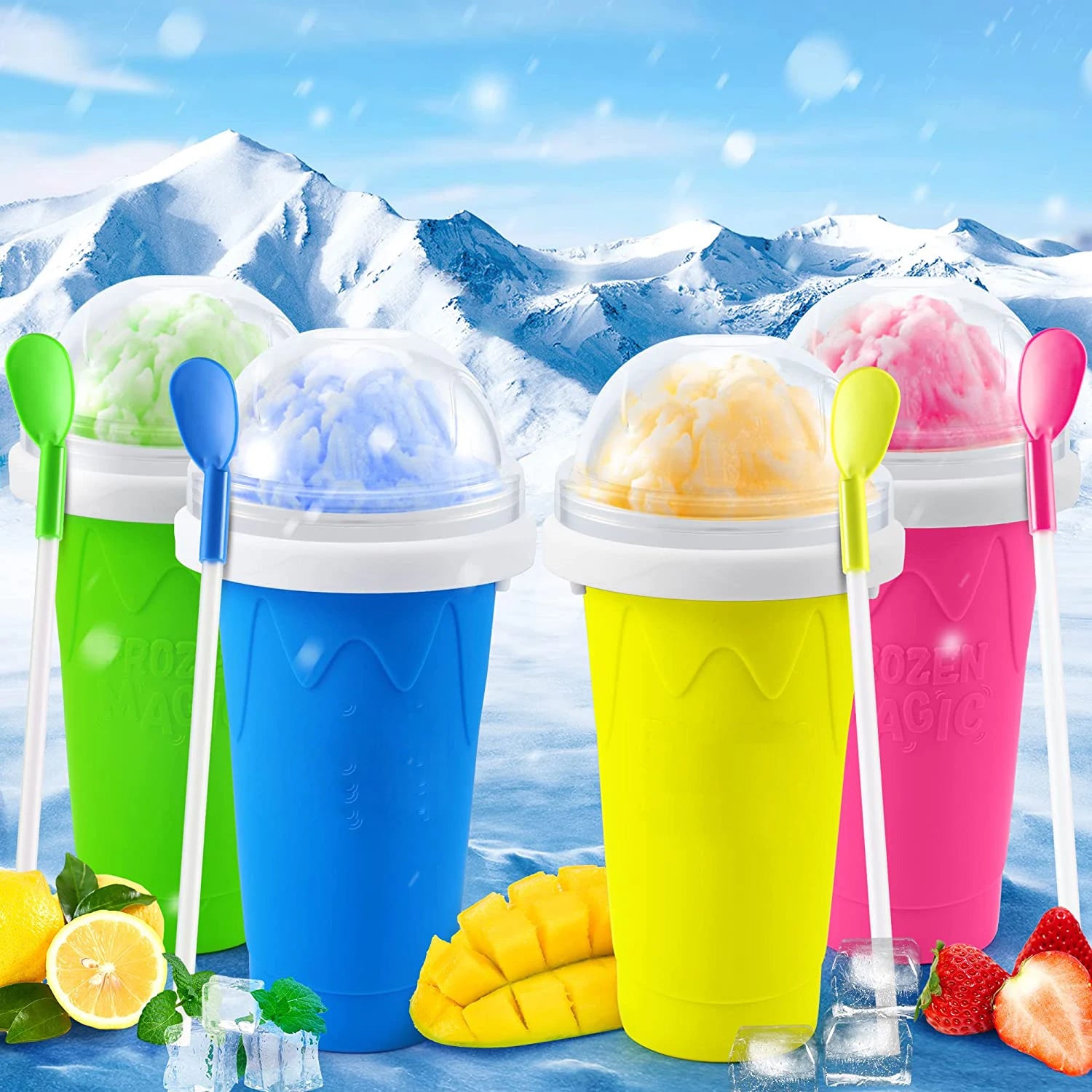 Colorful DIY Slushy Maker Cups with Spoons - Homemade Quick Cooling Milkshake and Frozen Dessert Makers against Snowy Mountain Landscape