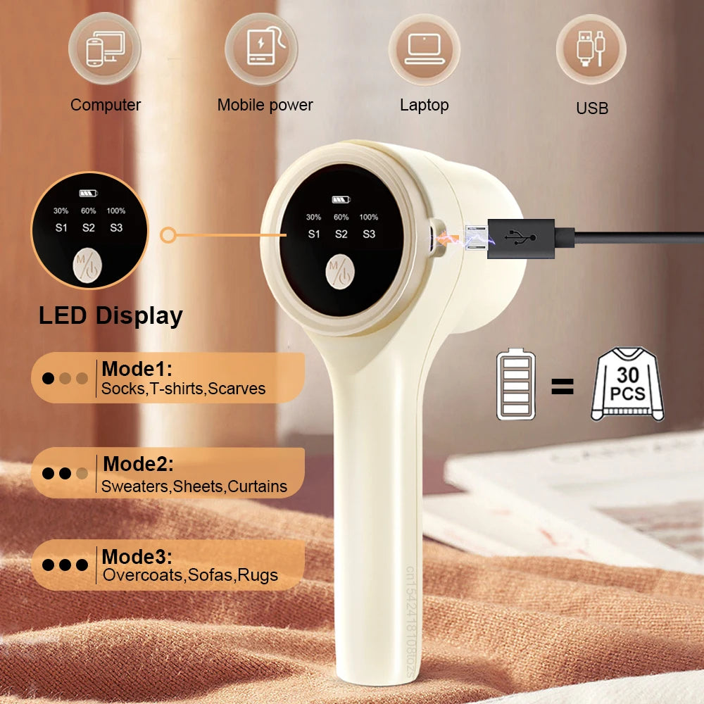 Rechargeable electric lint remover for clothes and fabrics with LED display, portable and versatile for clothing, bedding, and upholstery.