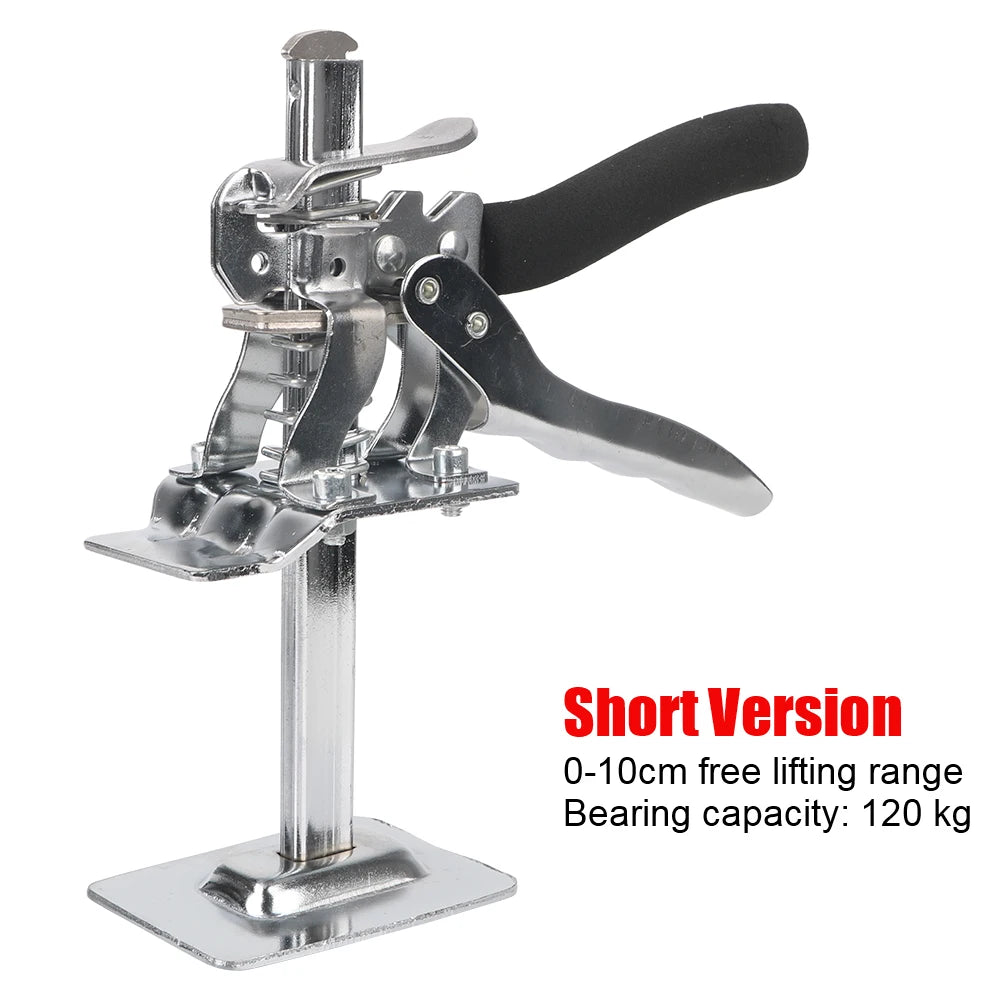 Chrome tile height adjuster elevator tool with a black handle. This multifunction labor-saving arm jack can lift door panels, drywall, and other heavy objects up to 120 kg. The compact design offers a 0-10 cm free lifting range, making it a versatile tool for home improvement projects.