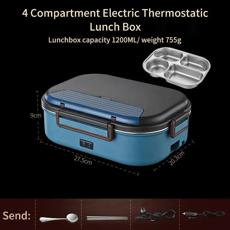 4-compartment electric thermostatically-controlled lunch box with 1200ML capacity and 755g weight, in a sleek blue and black design.