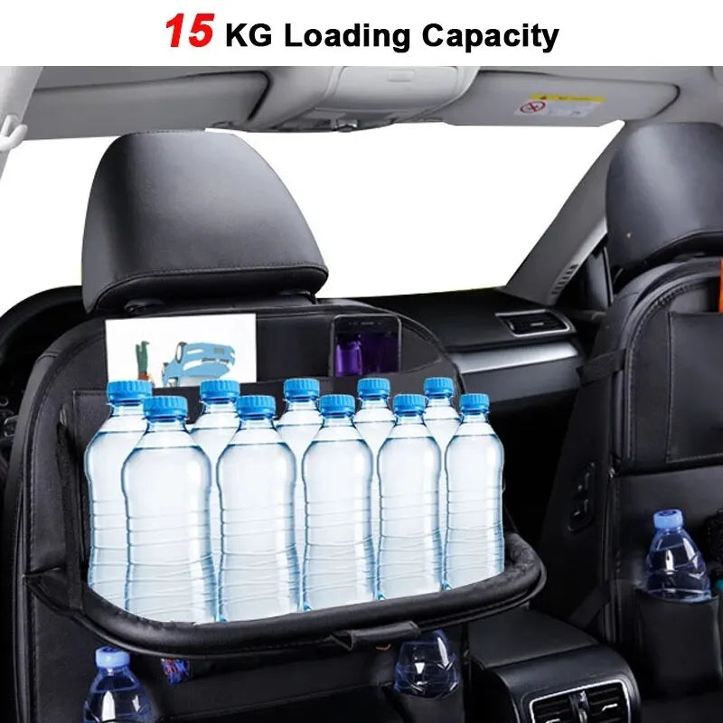 Car Seat Back Organizer with Foldable Table Tray and 15 KG Loading Capacity, PU Leather Storage Compartments for Bottles, Gadgets and More