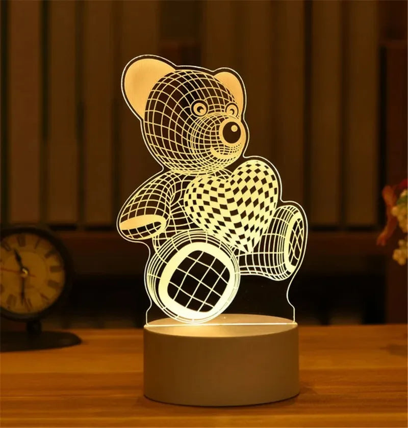 Romantic Love 3D Acrylic LED Lamp with Teddy Bear Design for Home, Children's Night Light, Table Lamp, Christmas, Valentine's Day, and Bedside Decor