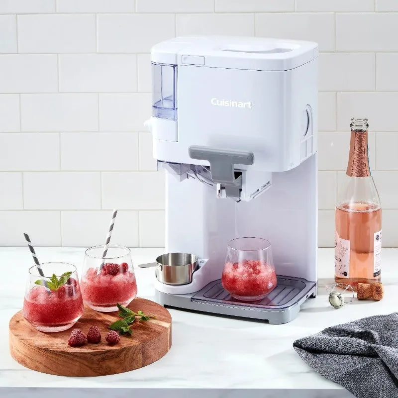 Cuisinart soft serve ice cream machine, versatile kitchen appliance for making frozen desserts, featuring a sleek white design, surrounded by fresh ingredients for a delicious homemade treat.