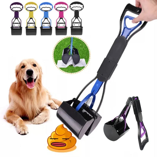 Long handle pet pooper scooper with dog waste picker jaw for convenient pet waste cleaning. The image also shows various colored pet waste scoopers. The dog in the image appears to be a happy golden retriever sitting on grass.