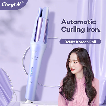 Automatic hair curler with 32MM Korean roll, ceramic curling iron for professional curling and waving, featured on a purple background with a smiling model in the image.