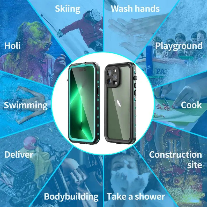 Waterproof, durable iPhone 12/13/14/15 Pro Max case for outdoor activities. Offers IP68 water resistance for swimming, skiing, and construction site protection.