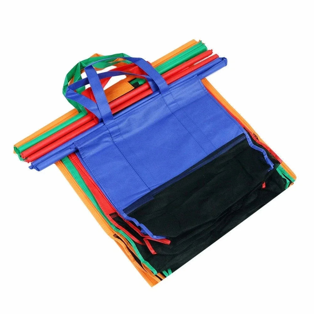 Colorful foldable shopping cart with multiple reusable grocery bags made of eco-friendly nonwoven material, ideal for convenient and sustainable shopping trips.