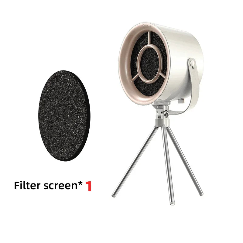 Compact portable exhaust fan with adjustable tripod stand for small kitchen and barbecue use, featuring USB power supply and durable carbon filter screen.