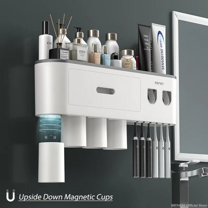 MENGNI-Magnetic Adsorption Inverted Toothbrush Holder Wall -Automatic Toothpaste Squeezer Storage Rack Bathroom Accessories - naiveniche