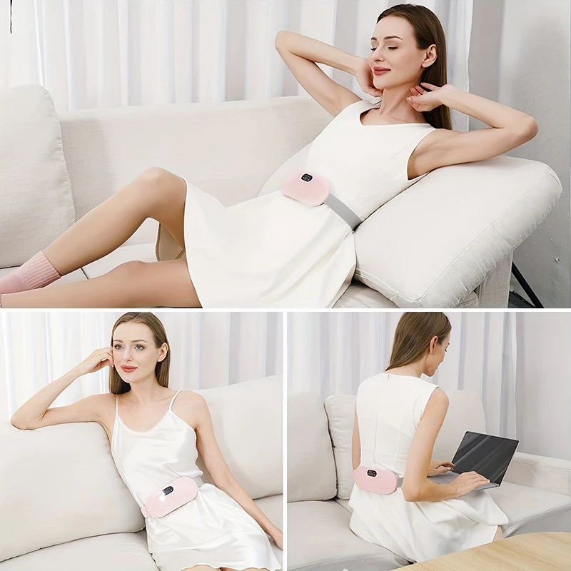 Portable electric menstrual heating pad with massaging feature. The pad is shown on a sofa in a comfortable and relaxing setting, providing relief for menstrual cramps and discomfort.
