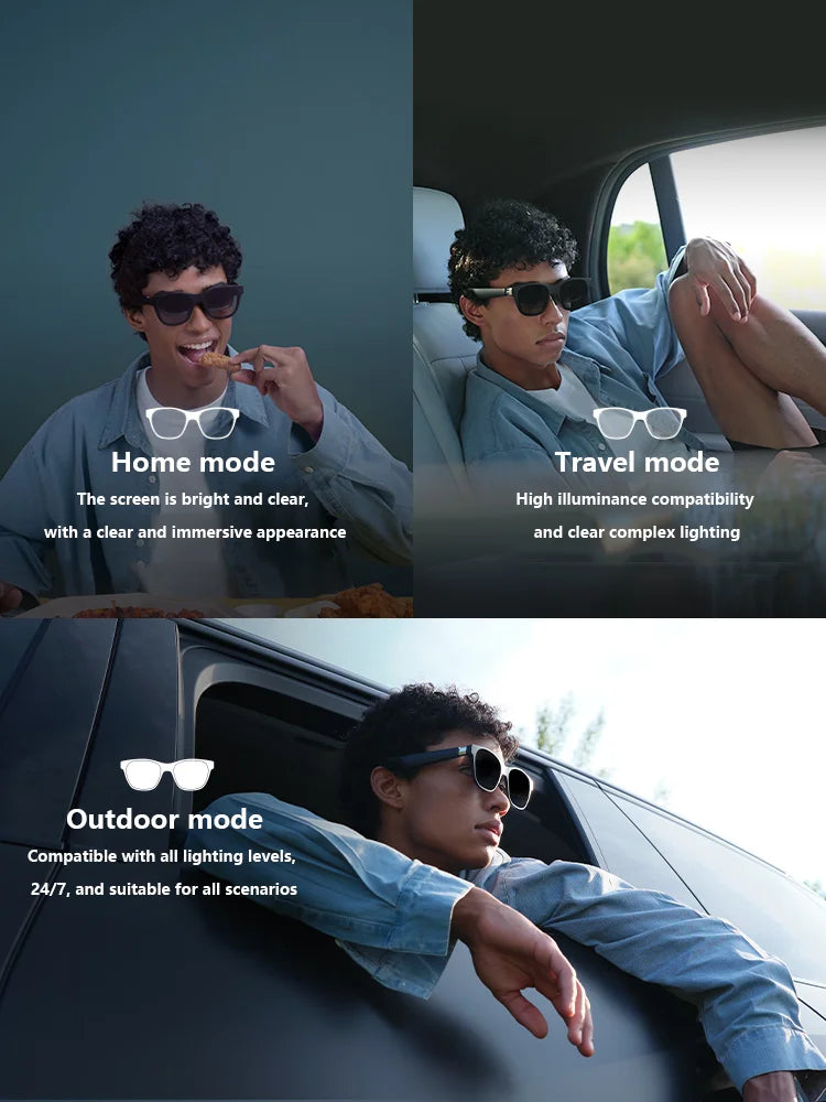 Sleek and versatile smart AR glasses with 130-inch HD display, lightweight design, and three distinct modes for home, travel, and outdoor use.