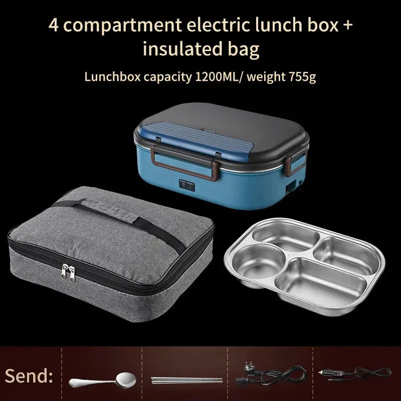 4-compartment electric lunch box and insulated bag with 1200ML capacity and 755g weight
