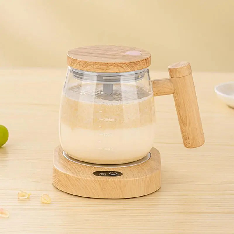 400ml Self-Stirring Electric Coffee Mug with Wooden Accents