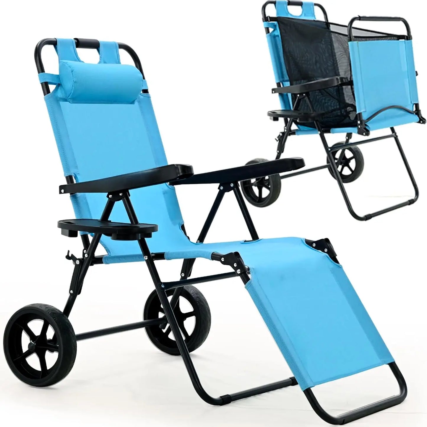 Folding Beach Chair with Wheels, Sturdy Foldable Outdoor Lounge Chair with Footrest and Recline Function, Portable and Comfortable Beach Lounger in Blue