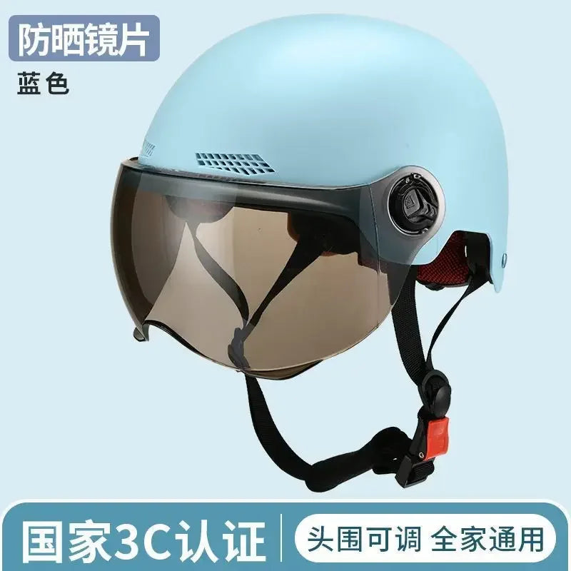 Classic retro motorcycle helmet in light blue color. Lightweight and suitable for cycling, scooter, and bike riding. Features a visor for sun protection and adjustable strap for a secure fit. This versatile helmet meets national safety standards and can be used by both men and women.
