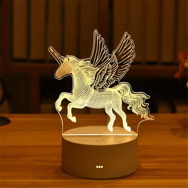 Romantic LED Pegasus Lamp: Elegant 3D acrylic night light with winged unicorn design for enchanting home decor, children's bedroom, or Valentine's Day celebration.