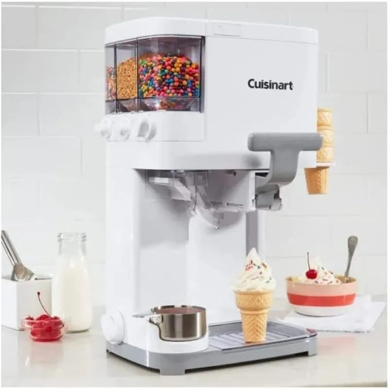 Cuisinart soft serve ice cream machine, featuring colorful candy toppings, with a white exterior and various kitchen accessories on the countertop.