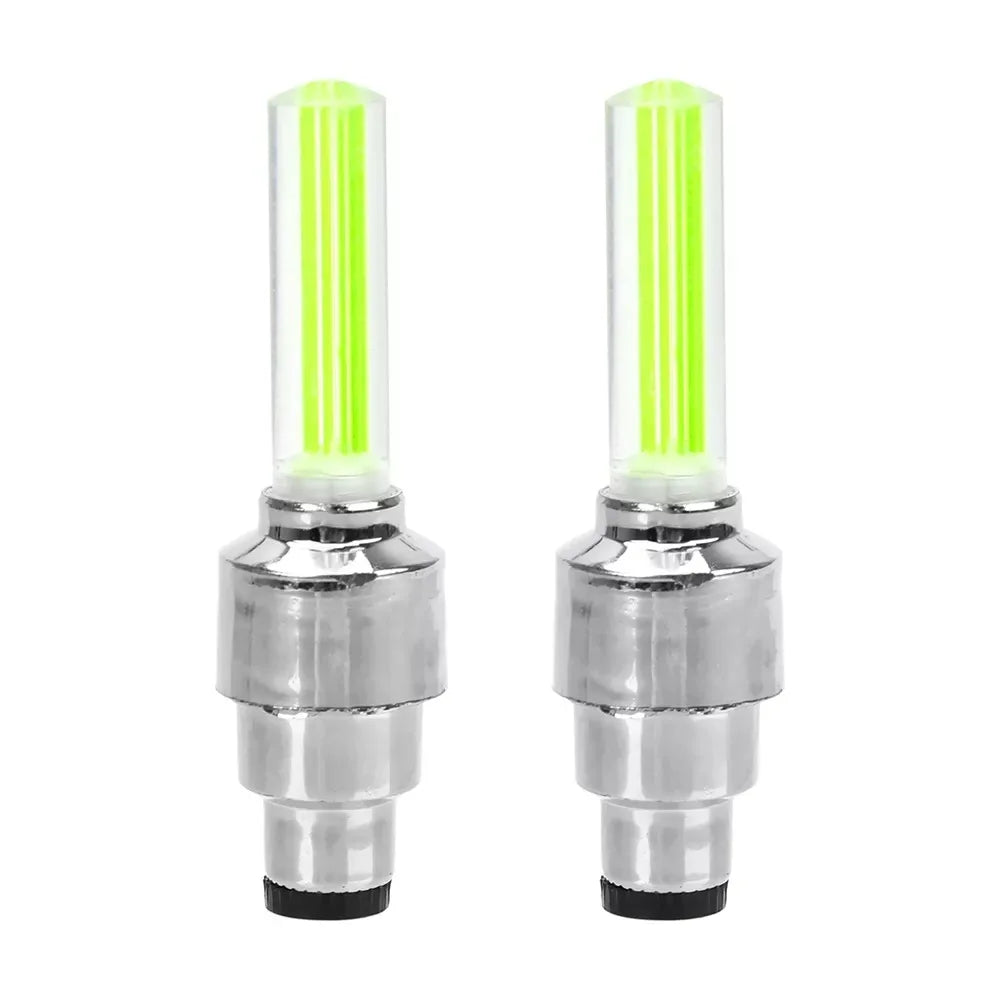 Pair of adjustable LED car wheel lights with neon valve caps for bicycles, motorcycles, and vehicles.