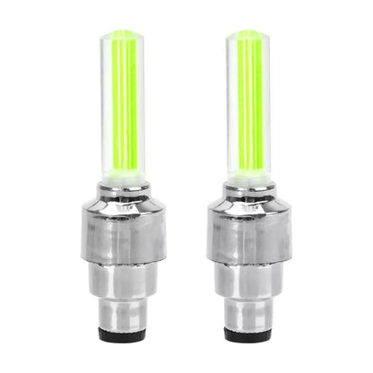 Pair of adjustable LED car wheel lights with neon valve caps for bicycles, motorcycles, and vehicles.