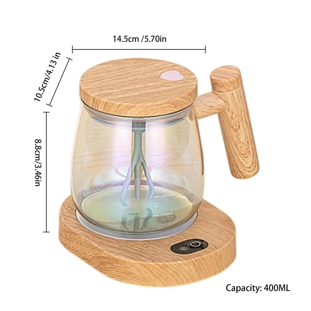 400ml Portable Electric Self-Stirring Coffee Mug with Glass Inner Tank and Wooden Handle