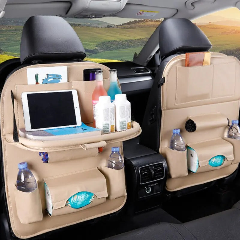 Car Seat Back Organizer with Foldable Tray and Pockets
Multifunctional car seat organizer with leather construction, foldable table tray, and various storage pockets for mobile devices, bottles, and other car essentials.