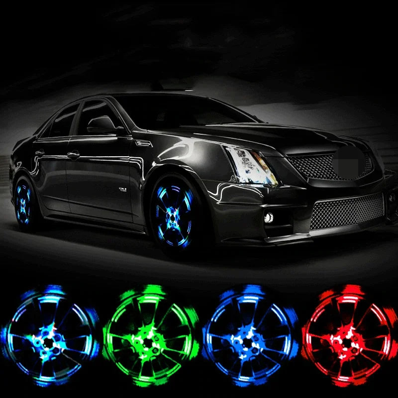 Stylish car accessory: LED-illuminated tire valve caps in vibrant colors, adding a sleek, customized look to the black luxury vehicle.