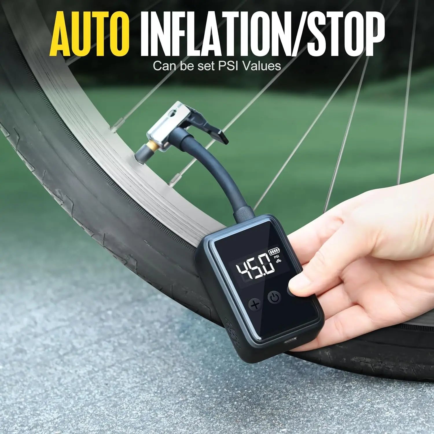 Portable Bicycle Tire Inflator with Digital Pressure Gauge
The image shows an electric bike pump with a digital pressure gauge display, used to inflate bicycle tires to the desired PSI.