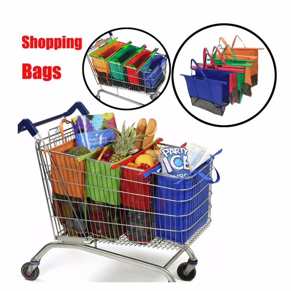 Foldable and reusable grocery shopping bags in colorful tote designs to conveniently carry items in a shopping cart.