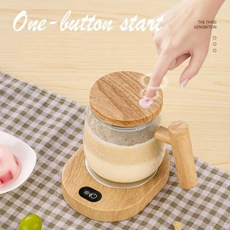 Compact electric mug: 400ml portable self-stirring coffee cup with glass inner tank, wooden touch-activated control, ideal for office use.