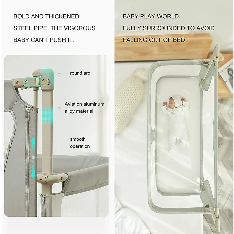 Steel frame baby bed guardrail, surrounded by soft bedding and accessories to keep baby safely in bed