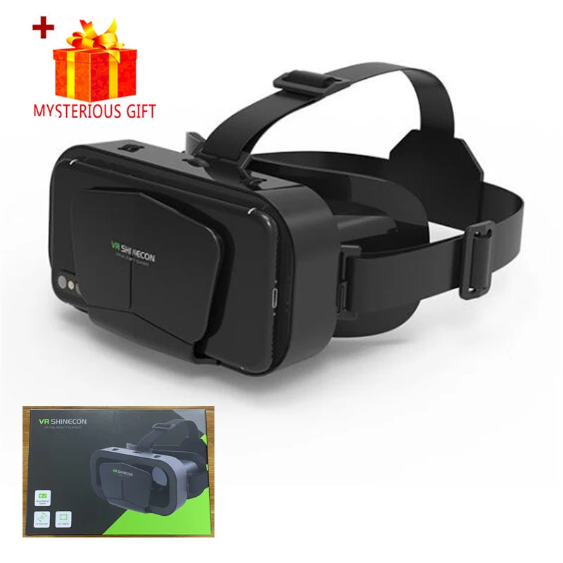 Immersive VR Headset: Virtual reality glasses with adjustable 3D lenses for an engaging smartphone experience, including a mysterious gift.