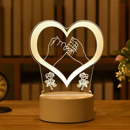 Romantic 3D Acrylic Heart-Shaped LED Table Lamp with Flower Accents