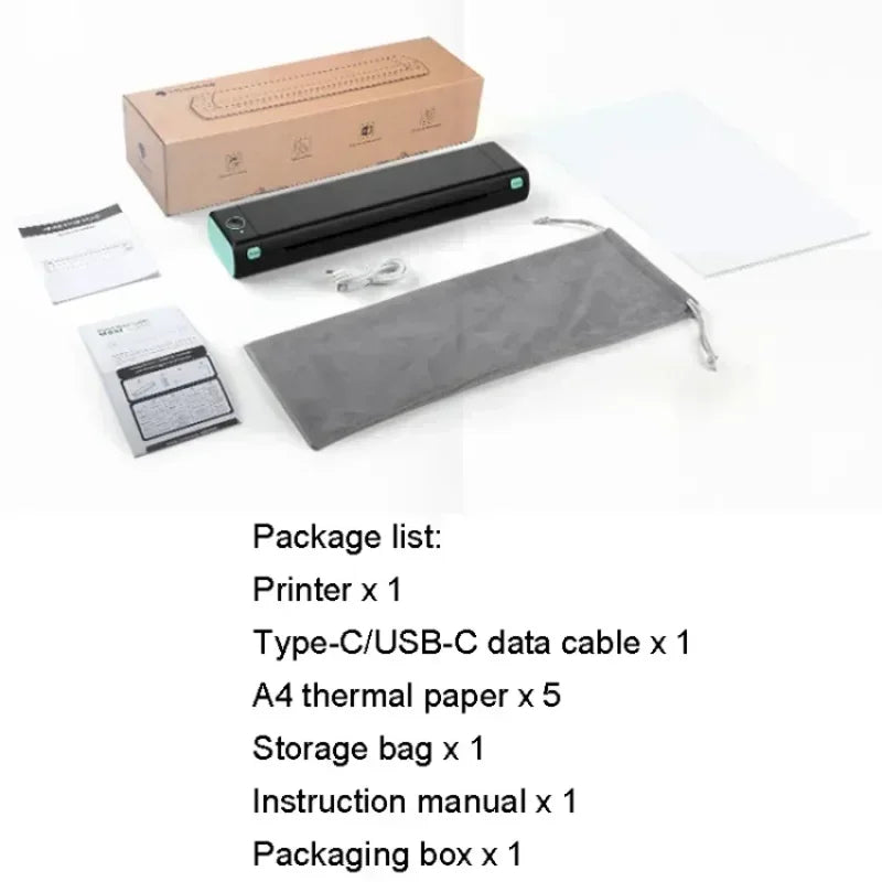 A4 portable thermal printer with wireless connectivity for mobile and laptop use. Features a compact black design, A4 thermal paper, and includes accessories like a data cable and storage bag in the package.