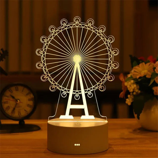 Romantic 3D Acrylic LED Ferris Wheel Lamp for Home Decor, Children's Night Light, Birthday Party, Valentine's Day Bedside Lamp