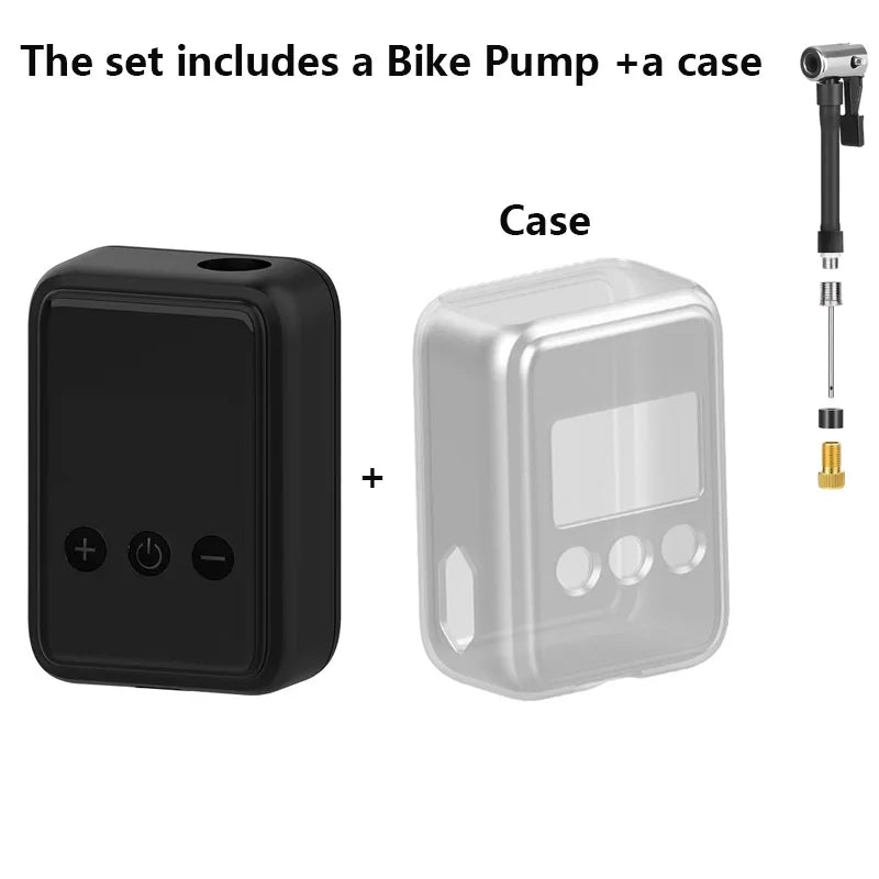 Portable electric bicycle pump with digital PSI gauge, tire inflator in a protective case.