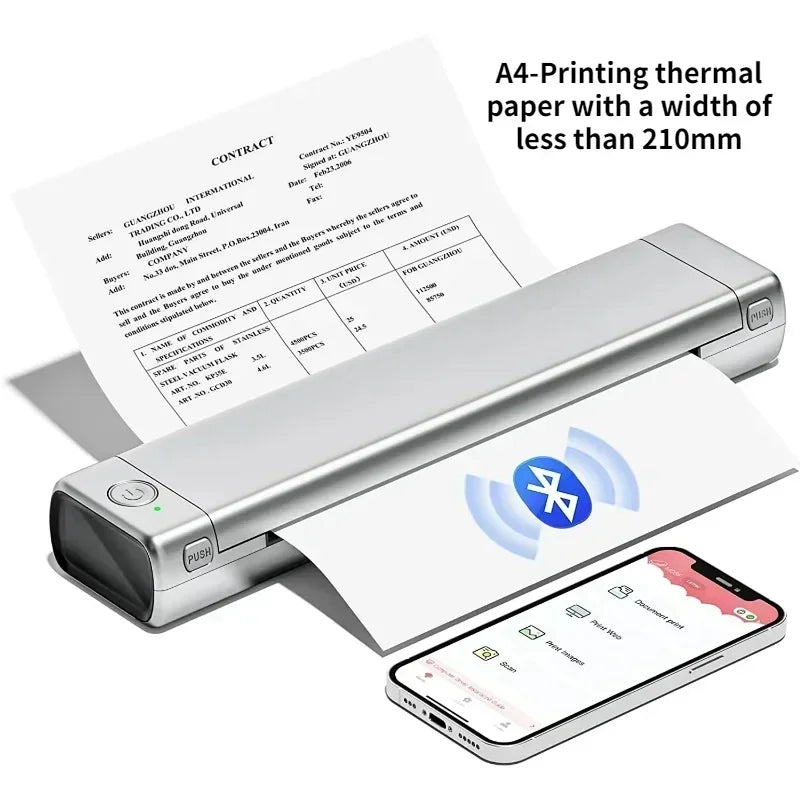 Portable A4 thermal printer with Bluetooth connectivity for wireless mobile and laptop printing, perfect for travel and office use.