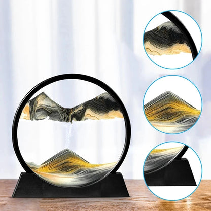 Mesmerizing 3D Sandscape Sculpture in Round Glass Frame: Flowing, Swirling Sand Art Creates Dynamic Coastal Scene for Captivating Home Decor