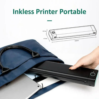 A4 size portable thermal printer with wireless connectivity, suitable for mobile, laptop, and tablet use, shown in a hand-held position against a blue carrying case.