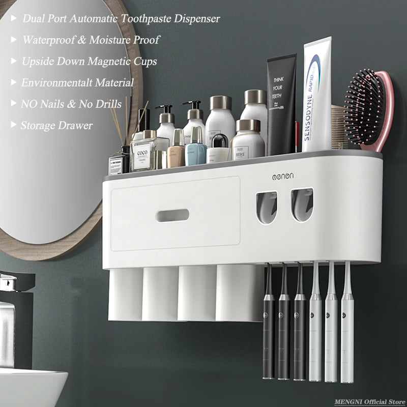 MENGNI-Magnetic Adsorption Inverted Toothbrush Holder Wall -Automatic Toothpaste Squeezer Storage Rack Bathroom Accessories - naiveniche