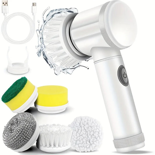Rechargeable electric scrub brush with 5 replaceable brush heads, USB charging cable, and cleaning accessories for versatile household use