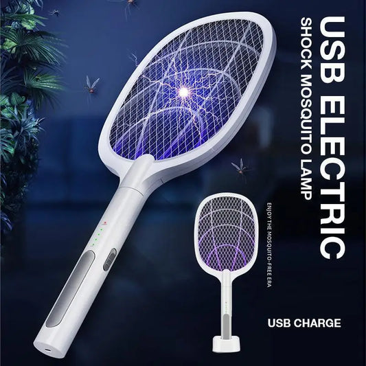 Powerful dual electric racket mosquito zapper with USB charging capability, surrounded by a dark, green foliage background with flying insects.