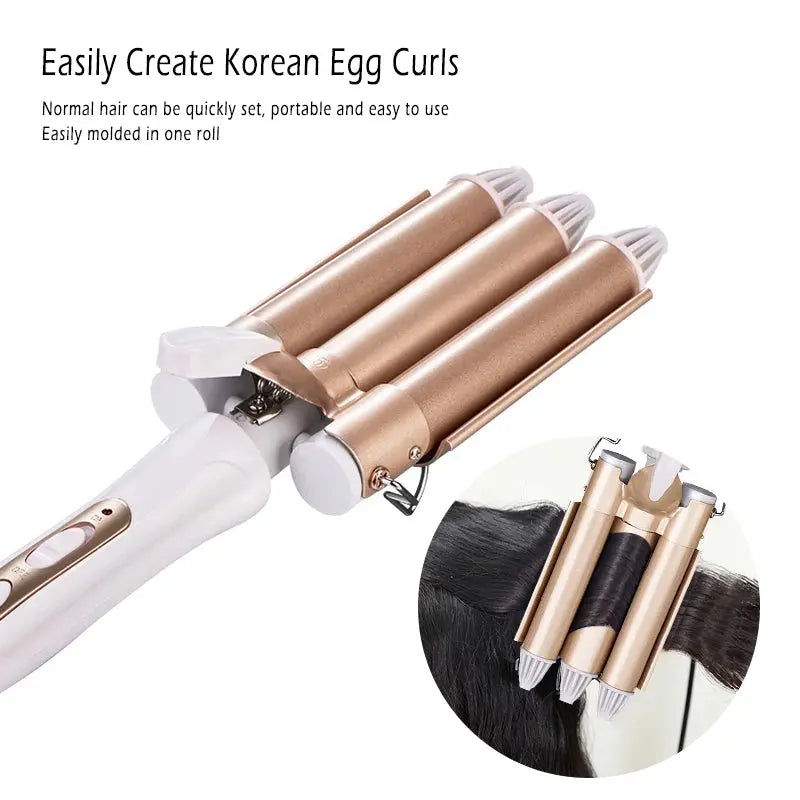 Portable and easy-to-use electric hair curler for creating Korean-style egg curls, featuring a compact and stylish gold design.