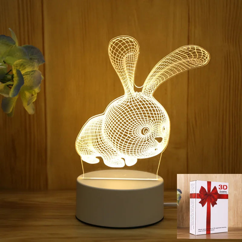 Intricate Rabbit 3D LED Lamp for Cozy Ambiance on Night Stand. Delicate wireframe design of a rabbit-shaped lamp emitting a warm glow, adding a touch of whimsy to the bedside or living space. Suitable as a decorative night light, birthday gift, or Valentine's day decor.