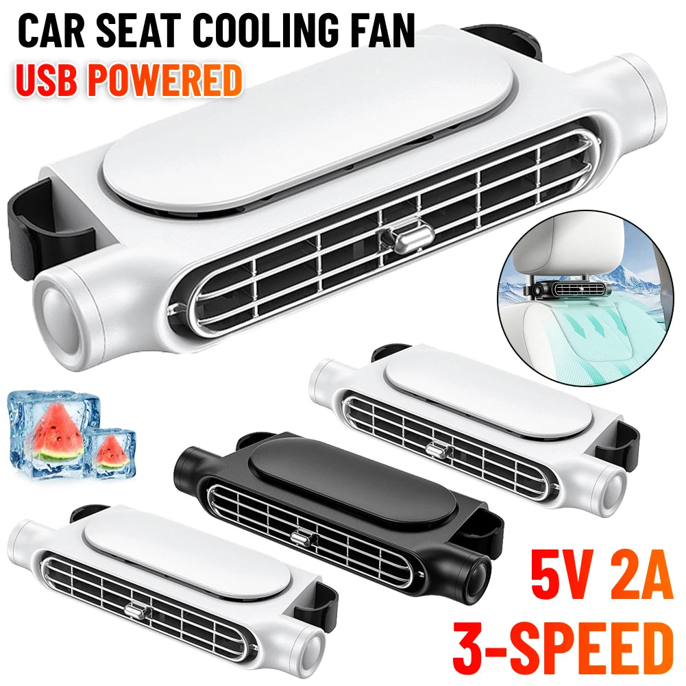 Compact USB-powered car seat cooling fan with adjustable 3-speed settings, designed to provide refreshing airflow during hot weather. The fan features a sleek, lightweight construction and can be easily attached to the car's headrest for convenient use.