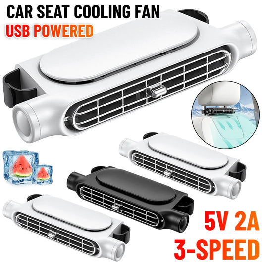 Compact USB-powered car seat cooling fan with adjustable 3-speed settings, designed to provide refreshing airflow during hot weather. The fan features a sleek, lightweight construction and can be easily attached to the car's headrest for convenient use.