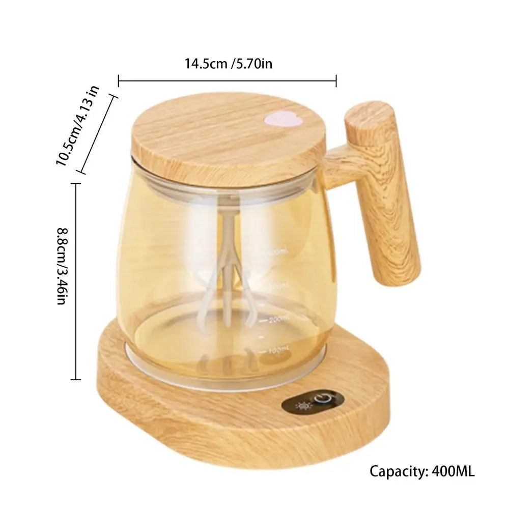 400ml Portable Electric Self-Stirring Glass Coffee Mug with Wooden Handle and Base